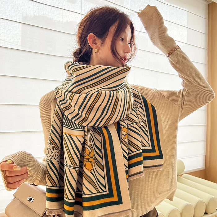 Elegant Floral Pattern Double-Sided Winter Scarf in Korean Style for Women | Soft Imitation Cashmere Shawl