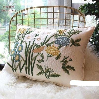 Chic European Garden Floral Embroidered Cotton Cushion Cover - Classic Home Decor Accent