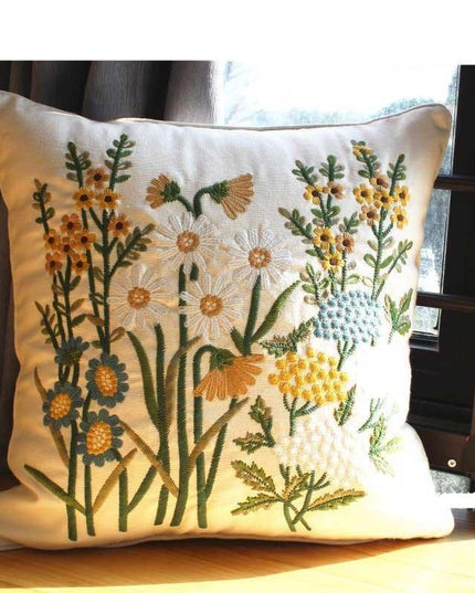 Chic European Garden Floral Embroidered Cotton Cushion Cover - Classic Home Decor Accent