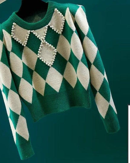 Korean Chic Diamond-Embellished Autumn Sweater