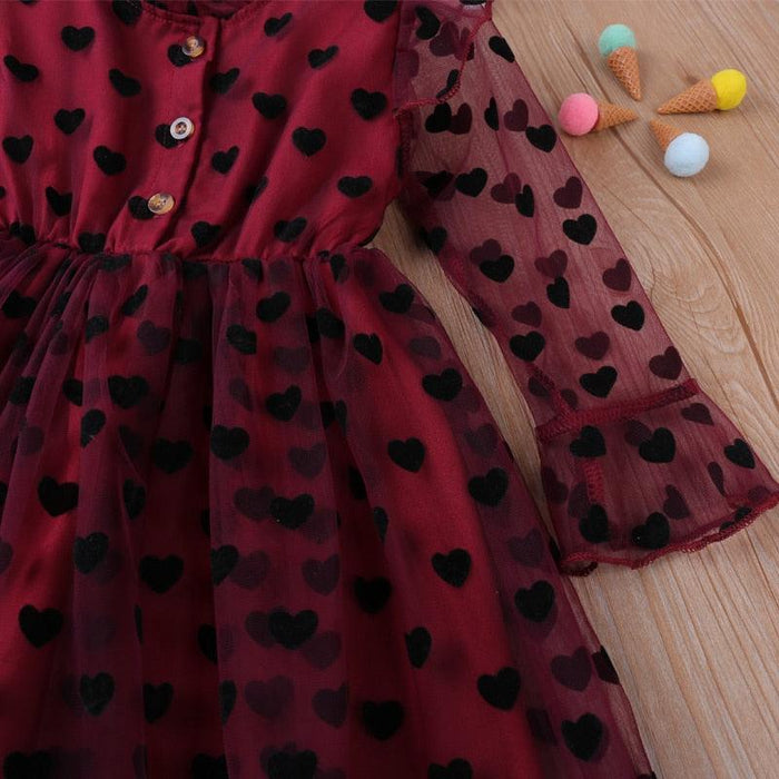 Enchanting Heart Print Princess Party Dress - Spring & Summer Mesh Yarn Collection for Girls (2-6Y)