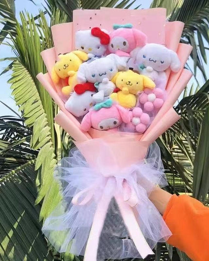 Sanrio Character Plush Doll Bouquet - Cute My Melody, Kuromi, Cinnamoroll & Kt Cat Gift Set