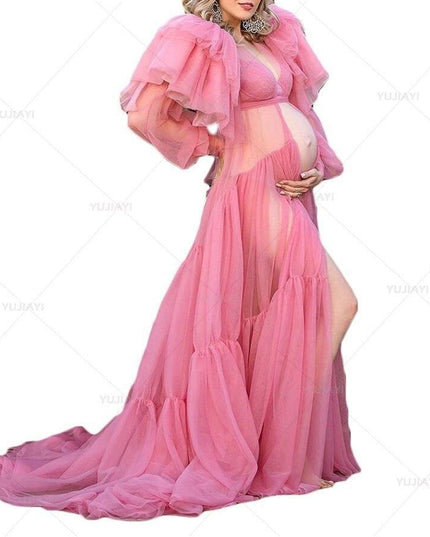 Chic Pink Maternity Robe with Elegant Ruffles and Tulle Accents
