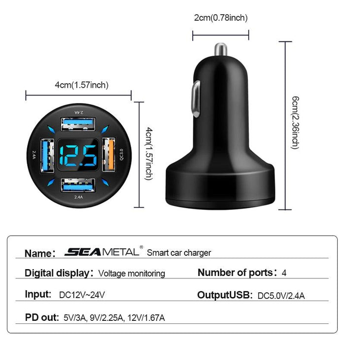 Ultimate 66W Smart Car Charger with Real-Time Battery Monitoring, 4 USB Ports, and Quick Charge Technology - Ideal for Travelers