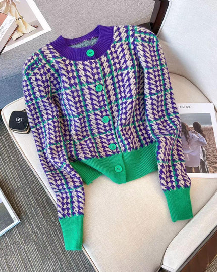 Chic Vintage Houndstooth Knit Cardigan - Timeless Style
