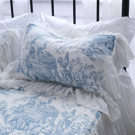 Luxury European Lace Ruffle Pillowcase/Sham - White Cotton Cloth with Lace Ruffle