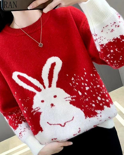 Chic Crimson Rabbit Jacquard Spring Sweater for Women