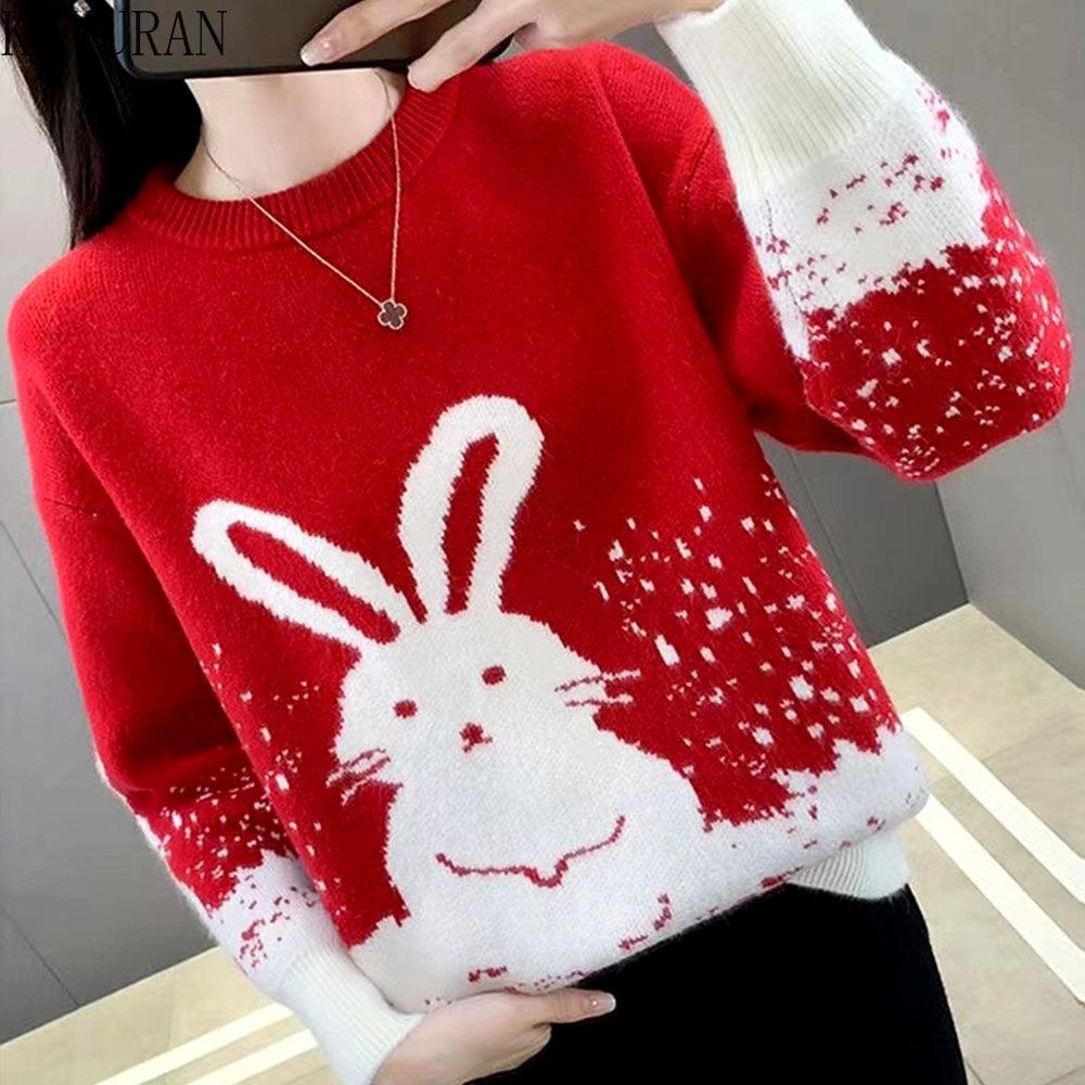 Spring Rabbit Jacquard Red New Year Sweater Women Pullover O-Neck Long Sleeve Loose Knitted Bottoming Sweaters Mujer Jumper-Women›Apparel & Accessories›Tops›Sweaters-Très Elite-Lavender-One Size-Très Elite