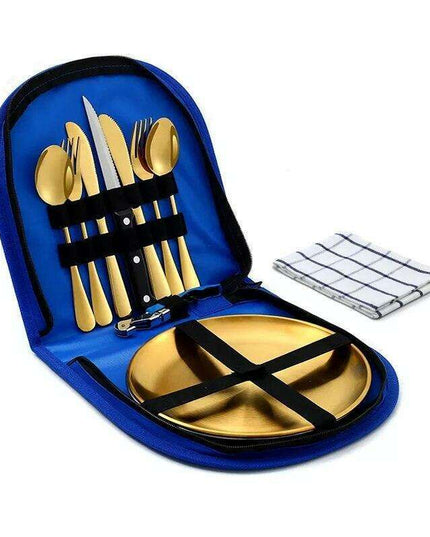 Compact Picnic Dining Set for Two - Durable Stainless Steel with Colorful Cloth Kit