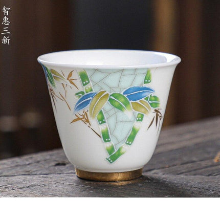 Crane Elegance White Porcelain Tea Cup for Good Fortune