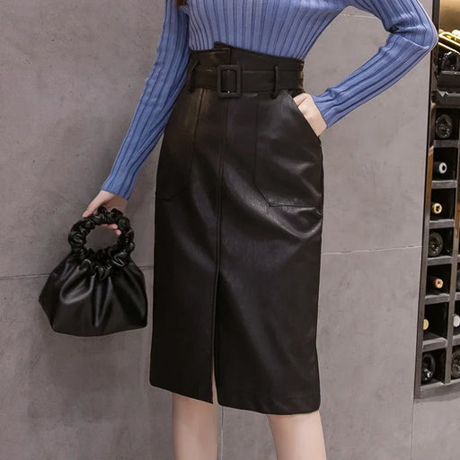 Elegant Belted PU Leather Midi Skirt for Women's Autumn-Winter Wardrobe