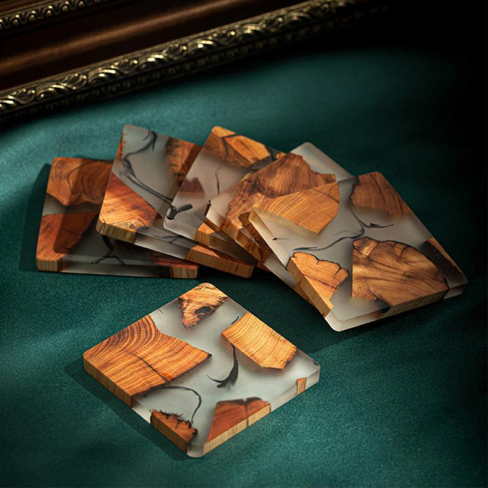 Japanese Ink Splashed Wooden Tea Coasters - Set of 6 Magnificent Pieces