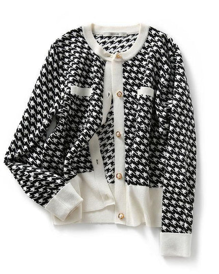 Vintage Charm Houndstooth Knit Crop Sweater for Autumn Fashion