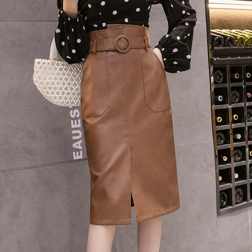 Elegant Belted PU Leather Midi Skirt for Women's Autumn-Winter Wardrobe