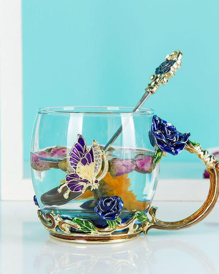 Elegant Blue Rose Enamel Crystal Tea Mug - Perfect for Special Celebrations
