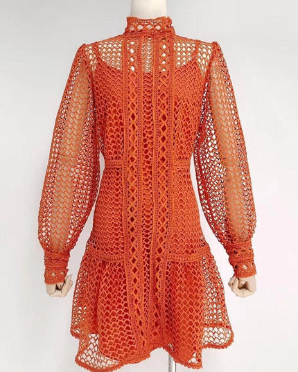 Elegant Lantern Sleeve Vintage Dress with Chic Stand Collar