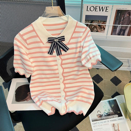 Elegant Striped Summer Knit Top with Bowtie Detail - Lightweight and Stylish