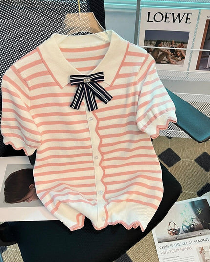 Elegant Striped Summer Knit Top with Bowtie Detail - Lightweight and Stylish