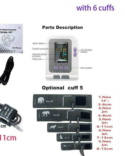 Comprehensive Veterinary Blood Pressure and Oxygen Monitoring System with Adjustable Cuff Sizes