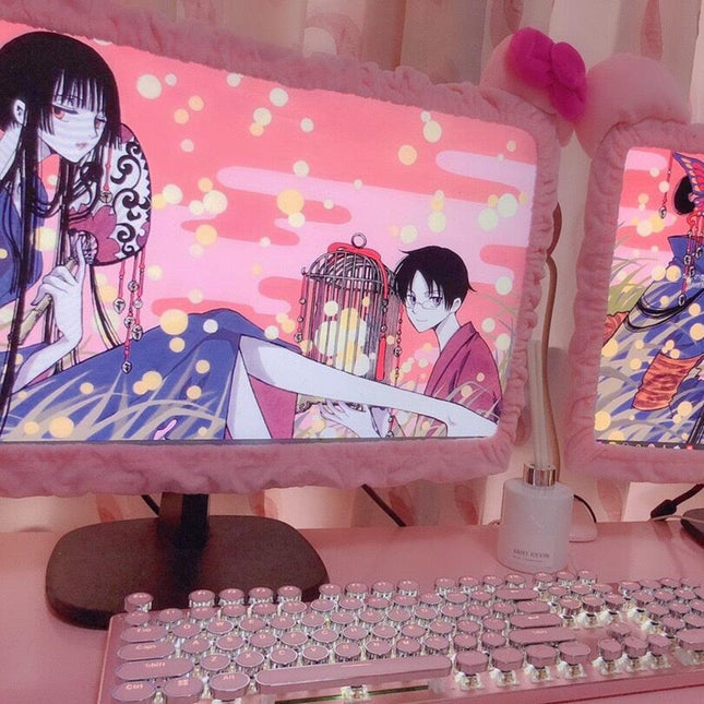 Elegant Pink Bow Fabric Monitor Cover for 28-32 Inch Displays - Stylish Office Accessory