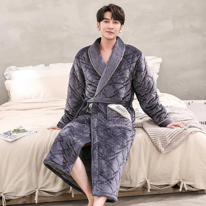 Winter Warmth Men's Quilted Flannel Kimono Bathrobe - Luxurious Long Robe for Cozy Evenings