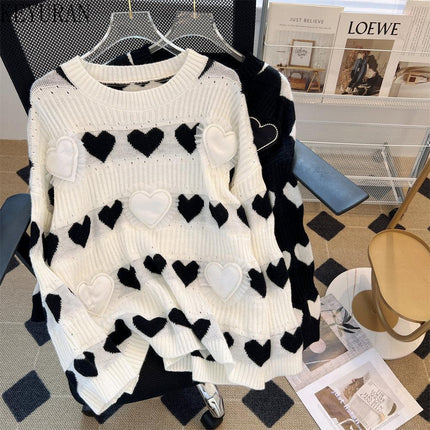 Elegant Heart Jacquard Knit Sweater - Luxury Edition with Ruffled Accents and Sparkling Details