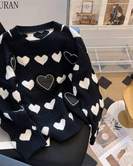 Elegant Heart Jacquard Knit Sweater - Luxury Edition with Ruffled Accents and Sparkling Details