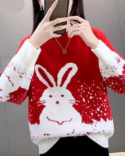 Chic Crimson Rabbit Jacquard Spring Sweater for Women