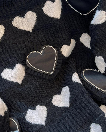 Elegant Heart Jacquard Knit Sweater - Luxury Edition with Ruffled Accents and Sparkling Details