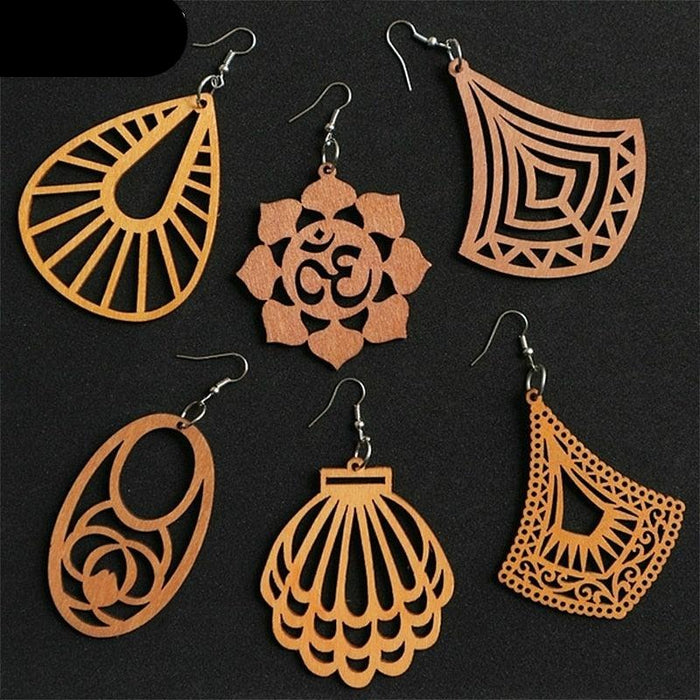 Artisan-Made Geometric Wood Dangle Earrings - Afro-Boho Ethnic Style Jewelry