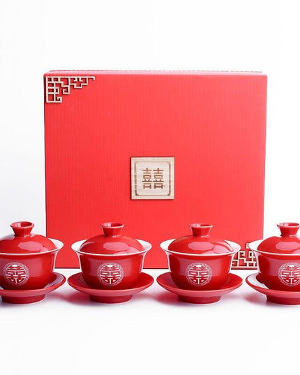 Elegant Red Ceramic Chinese Wedding Tea Ceremony Set - Exquisite Teapot and Teacups for Memorable Celebrations