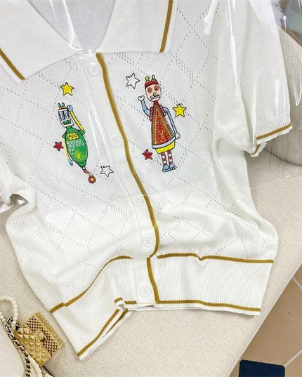 Whimsical Vintage Cartoon Knit Sweater with Embroidered Lapel
