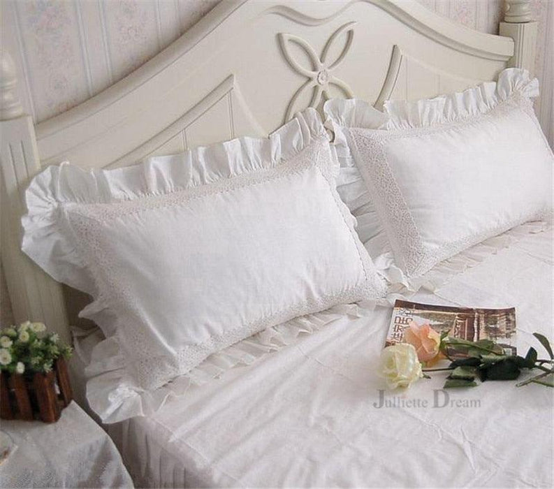 European Luxe Collection: 2-Piece White Satin Lace Ruffle Pillow Cover Set