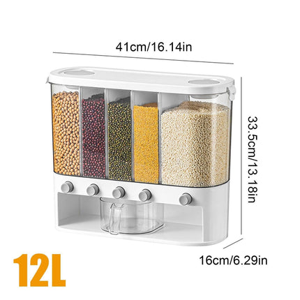 Sleek Wall-Mounted 5-Grid Rice Dispenser - 12L Capacity in Elegant White