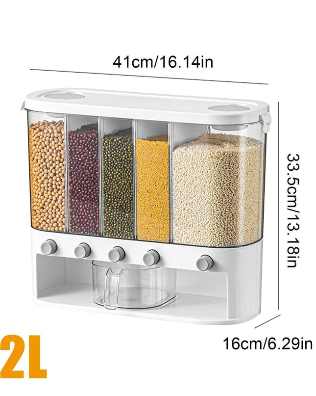 Sleek Wall-Mounted 5-Grid Rice Dispenser - 12L Capacity in Elegant White