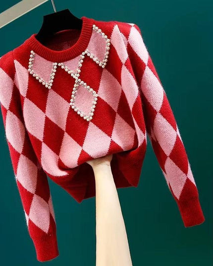 Korean Chic Diamond-Embellished Autumn Sweater