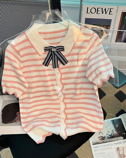 Elegant Striped Summer Knit Top with Bowtie Detail - Lightweight and Stylish