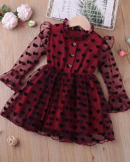 Enchanting Heart-Print Princess Dress with Breezy Mesh Fabric - Spring & Summer Collection (2-6Y)