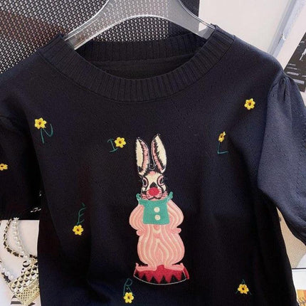 Stylish Black Anime Embroidered Short Sleeve Knit Tee for Women