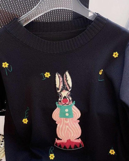 Stylish Black Anime Embroidered Short Sleeve Knit Tee for Women