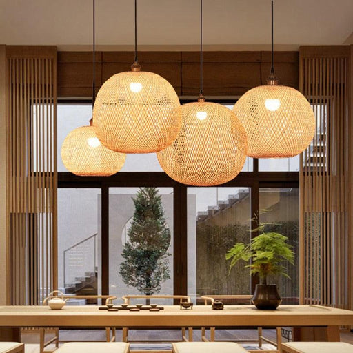 Chinese Style Chandelier Bamboo Woven Hanging Lamp Tea Room Lantern Zen Staircase Light High Livingroom Ball Beauty Salon Lamp-0-Très Elite-diameter 30cm-Très Elite
