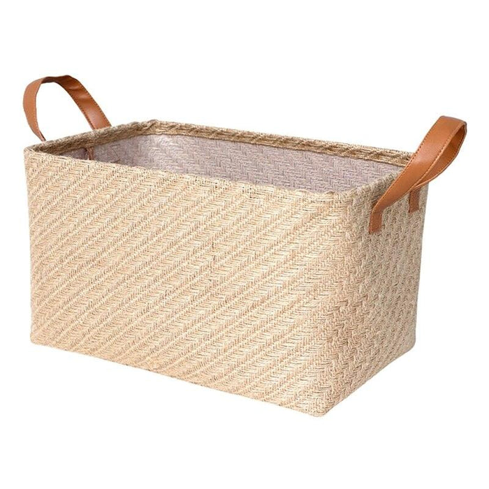 Handwoven Jute Storage Basket with Elegant PU Handles and Fine Artistry
