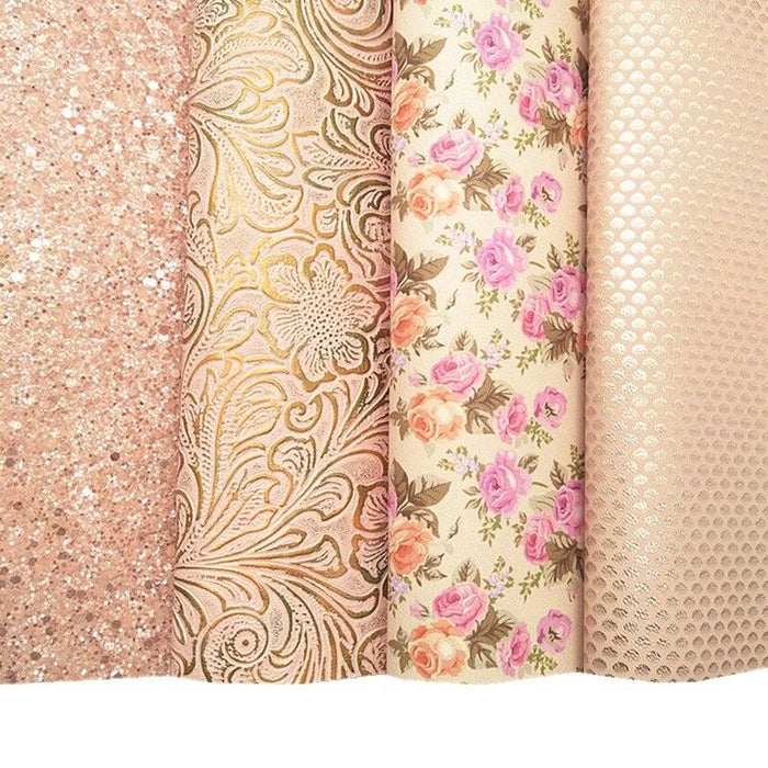 Chunky Glitter Leather Peony Print Fabric in Elegant Beige