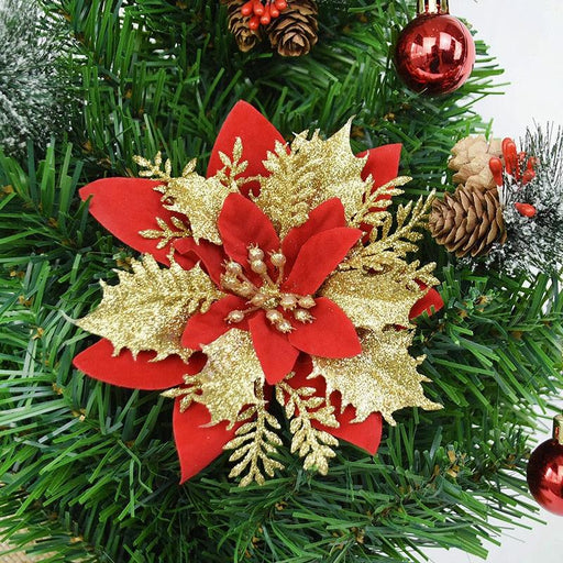 Shimmering Golden Red Christmas Flower Ornaments - Festive Glitter Decorations