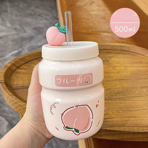 Adorable Ceramic Cartoon Cup with Straw - 500ml Capacity for Home and Office