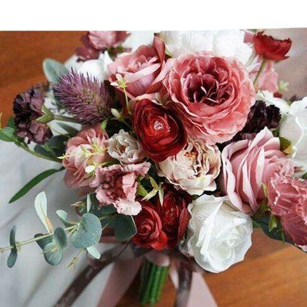 Timeless Elegance Burgundy and Dusty Pink Silk Rose Bridal Bouquet - European Vintage Collection