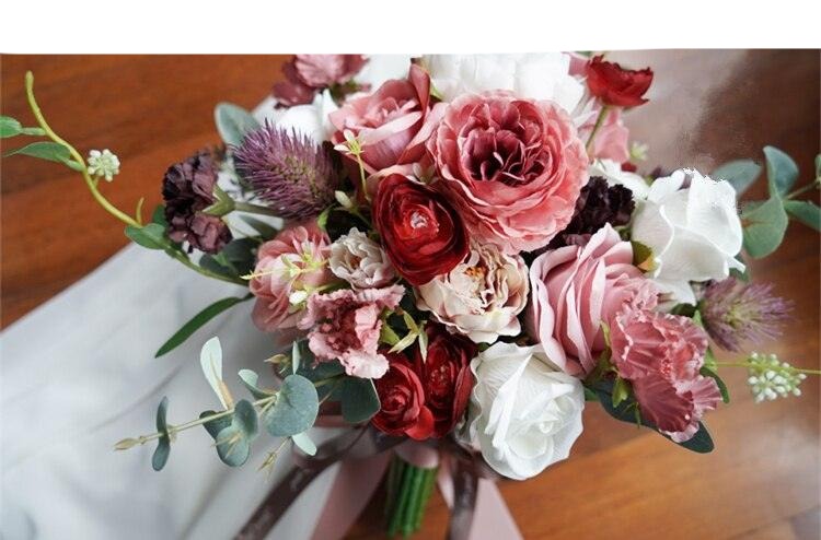 Vintage European Burgundy and Dusty Pink Wedding Bouquet with Real Touch Silk Roses