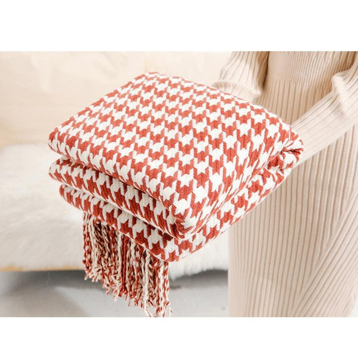 Classic Houndstooth Plaid Knit Cotton Throw Blanket - Elegant Home Accent