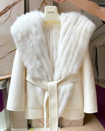 Elegant Hooded Wool and Cashmere Coat with Fox Fur Trim for Stylish Women