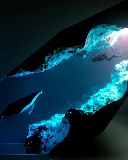 Mystical Underwater Adventure USB Desk Lamp with Whales and Diver - Enchanting Glow for Nighttime Ambiance